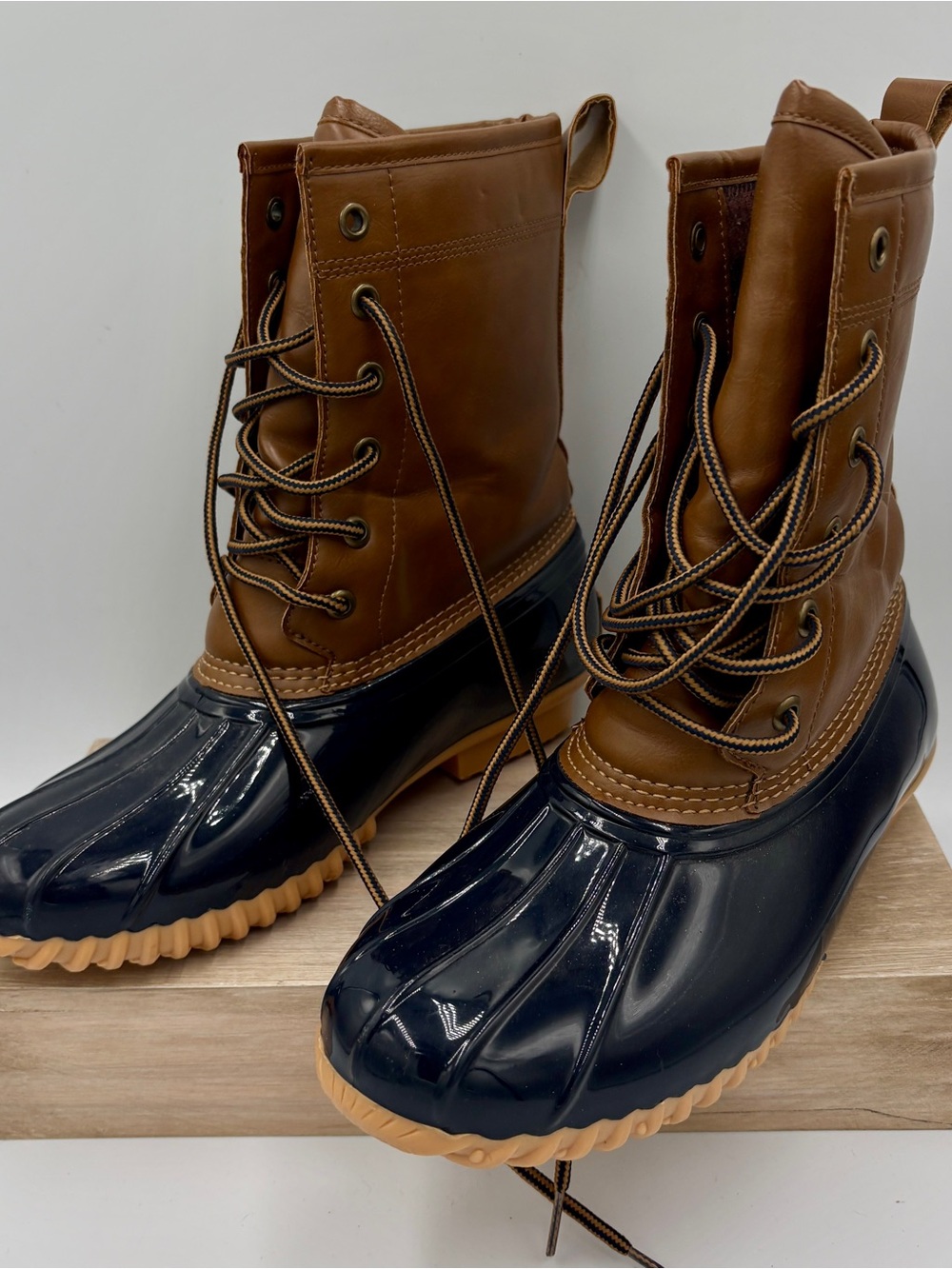 Women's Brown and Navy Duck Boots - Classic Waterproof Lace-Up